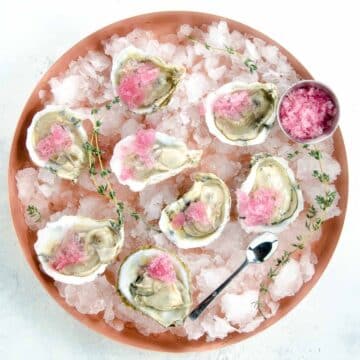 oysters on the half shell with mignonette granita on a platter over crushed ice