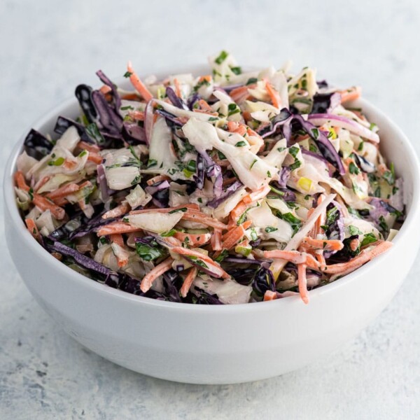 Southern style coleslaw in a white bowl