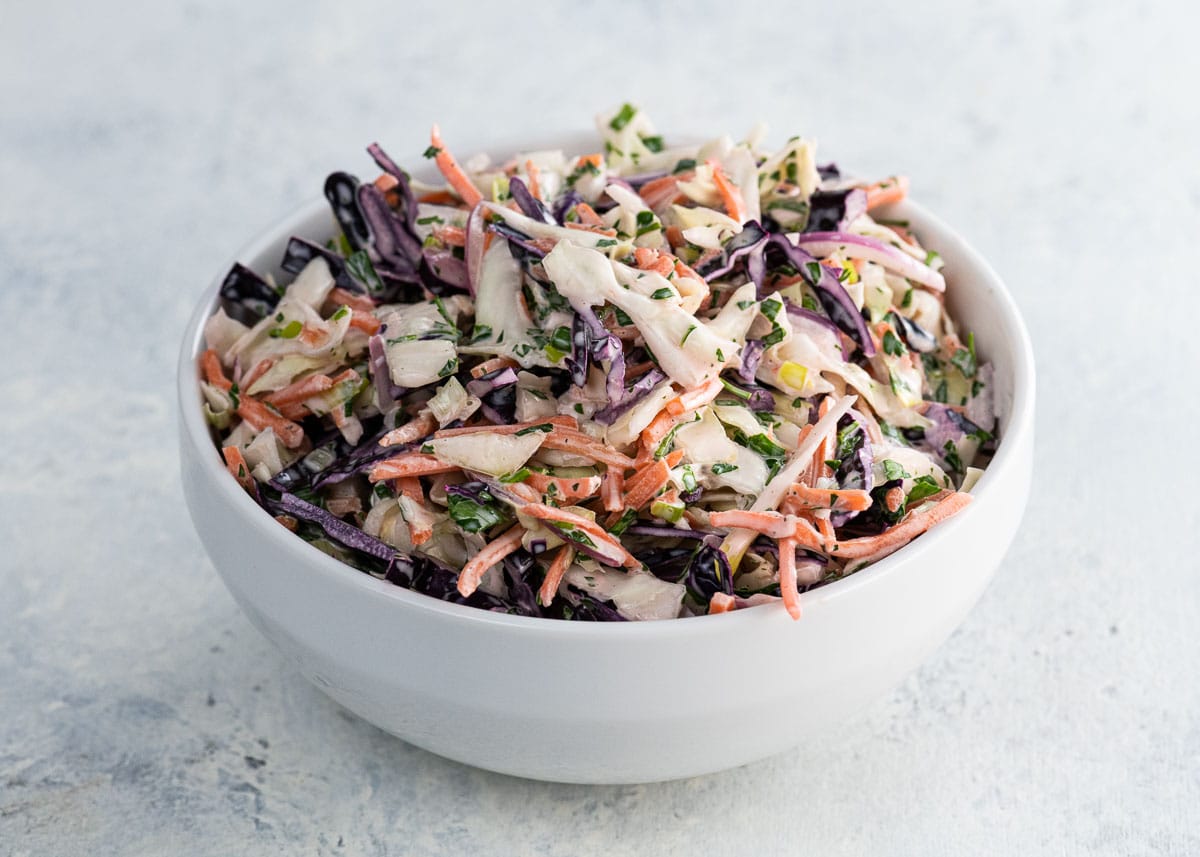 Southern style coleslaw in a white bowl