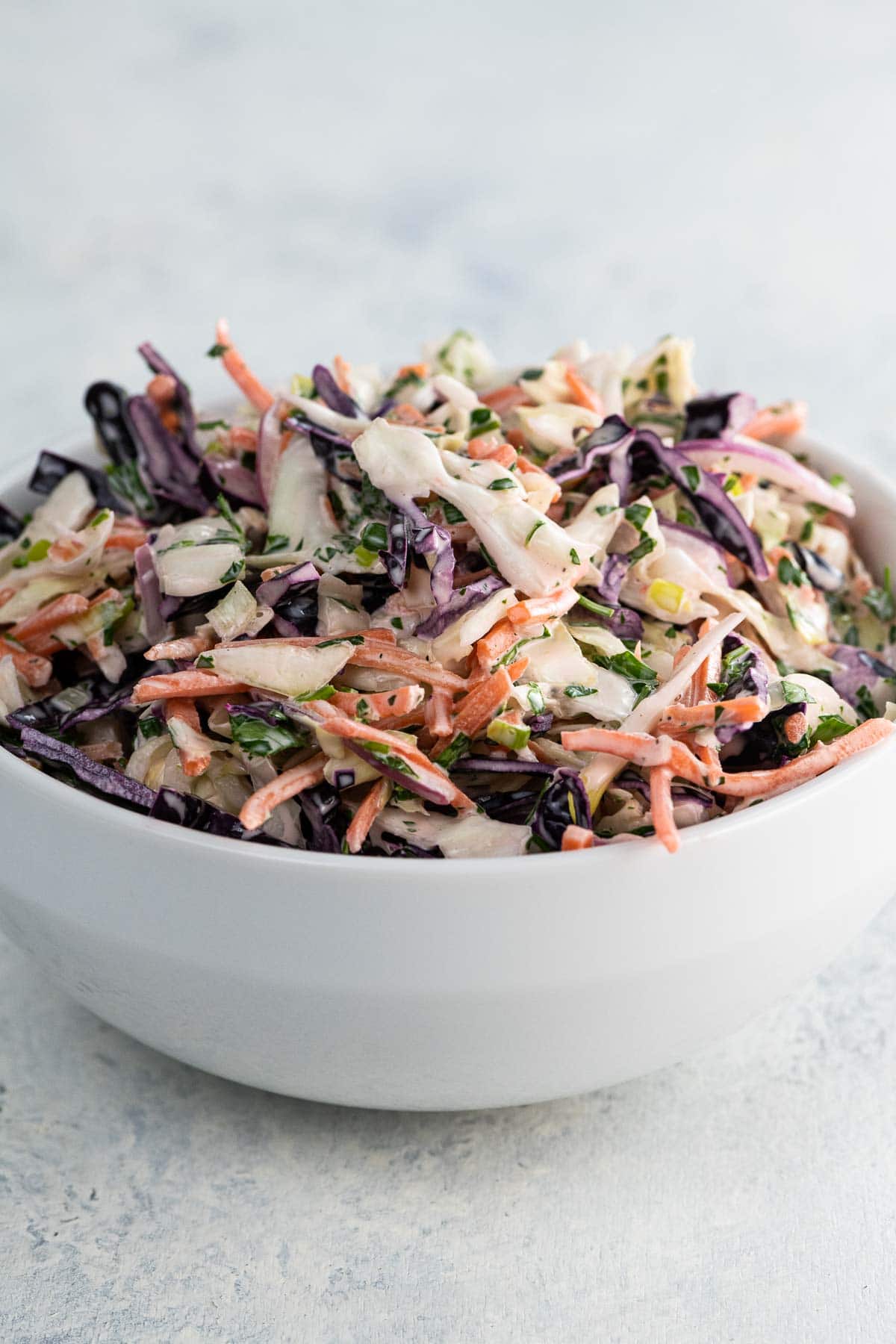 Southern style coleslaw in a white bowl