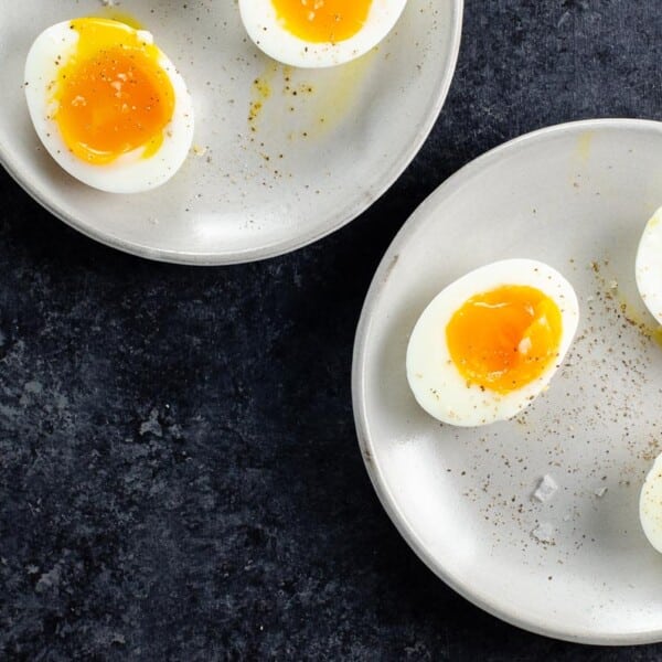 7 minute eggs (jammy eggs) on two small plates