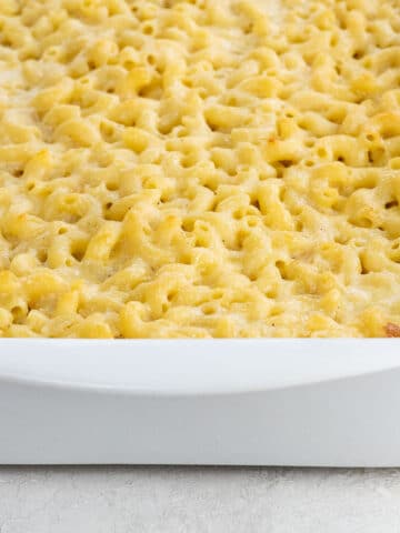 old fashioned baked macaroni and cheese in a baking pan