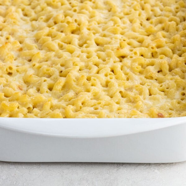 old fashioned baked macaroni and cheese in a baking pan