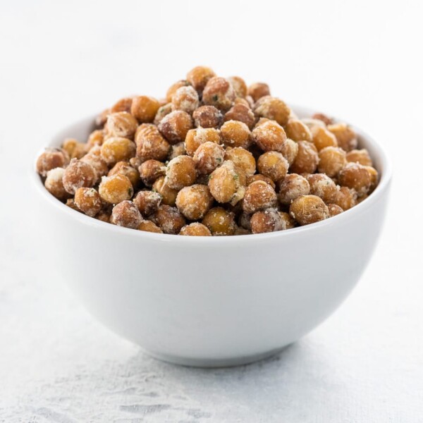 oven roasted chickpeas in a small white bowl