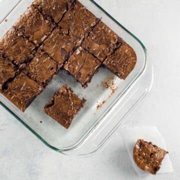 fudgy crinkle top brownies in a baking pan