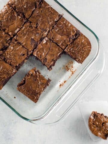 fudgy crinkle top brownies in a baking pan