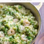 lemony shrimp risotto with broccoli in a pan