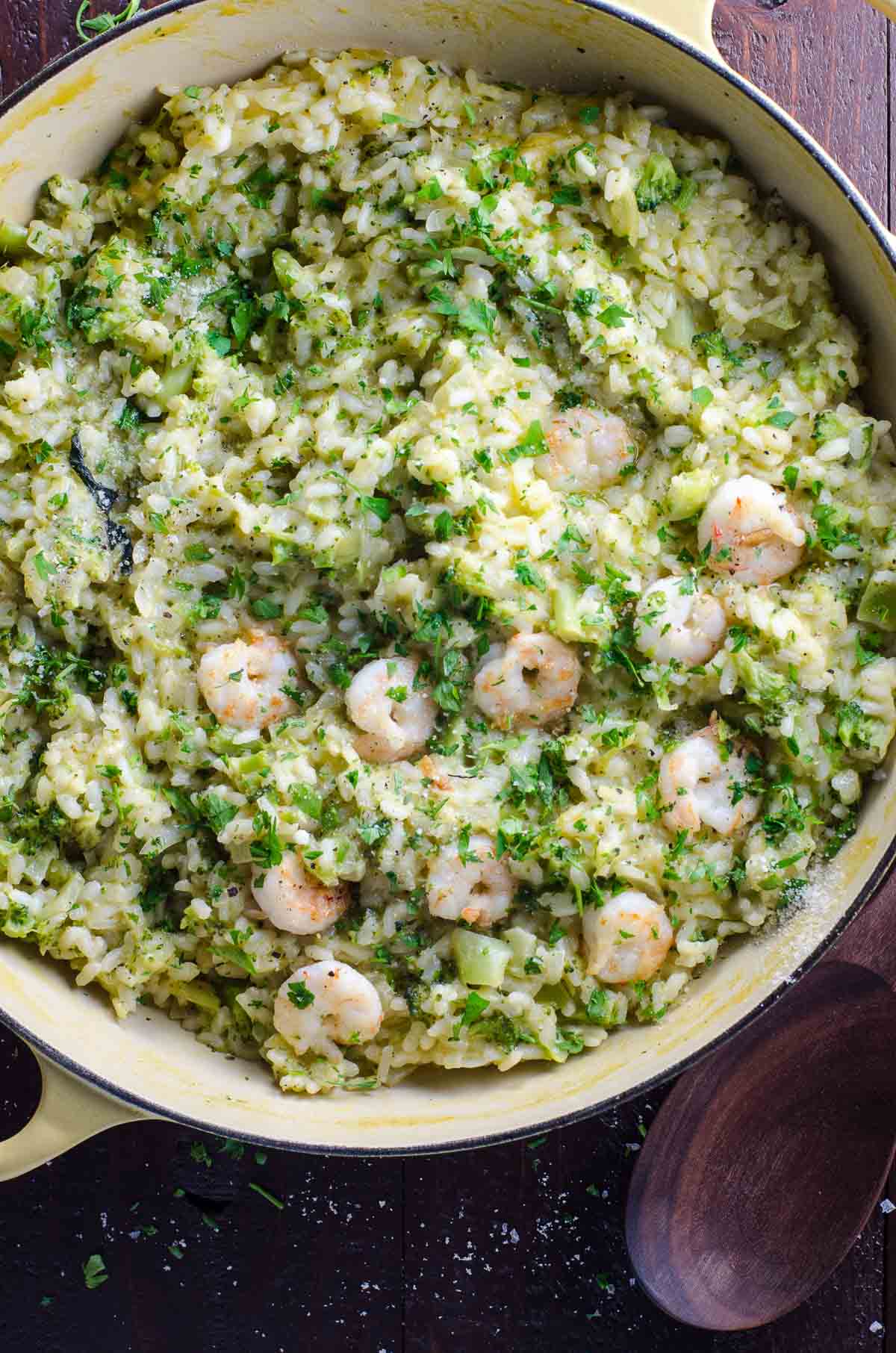 lemony shrimp risotto with broccoli in a pan