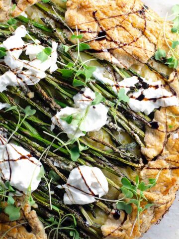 a rustic asparagus and burrata tart made with savory tart dough