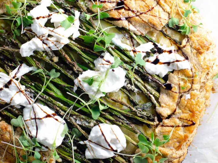 a rustic savory galette with asparagus and burrata made with savory tart dough