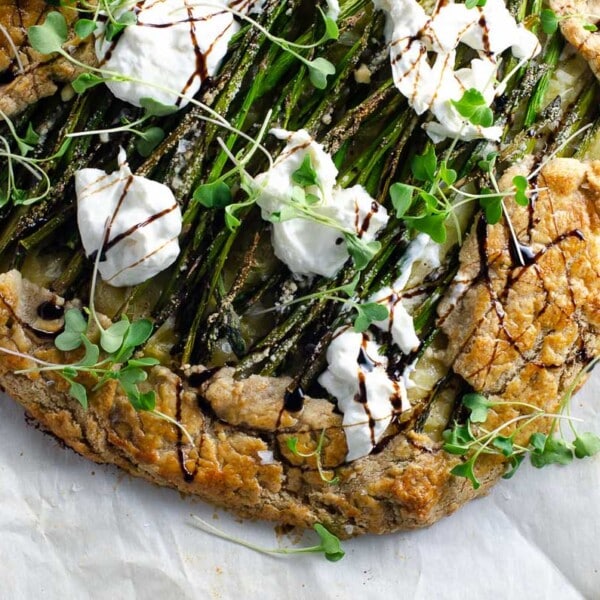 a rustic asparagus and burrata tart made with savory tart dough
