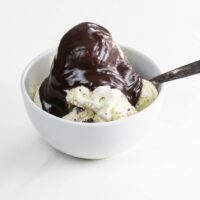 homemade chocolate sauce on ice cream in a bowl with a spoon