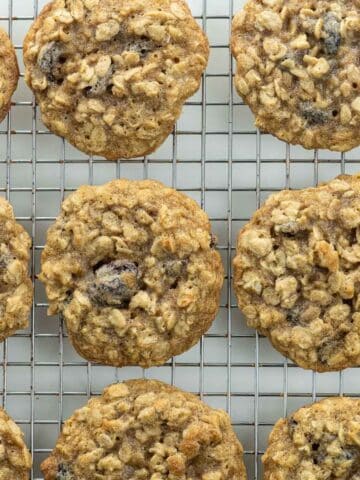 vanishing quaker oatmeal raisin cookies on a cooling rack