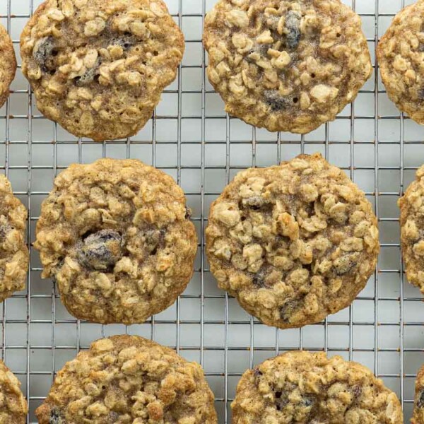 vanishing quaker oatmeal raisin cookies on a cooling rack