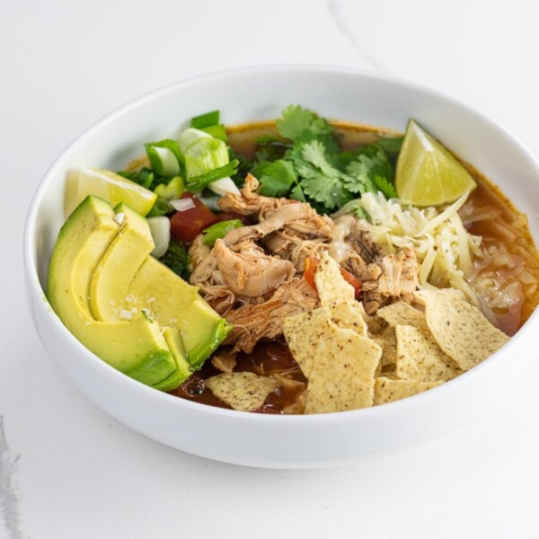 rotisserie chicken tortilla soup in a white bowl
