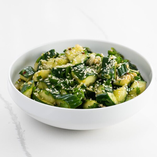 smashed cucumber salad in a bowl