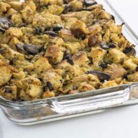 vegan mushroom stuffing with chestnuts in a baking dish