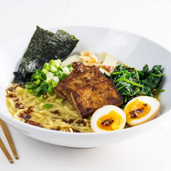 vegetarian miso ramen in a bowl with chopsticks