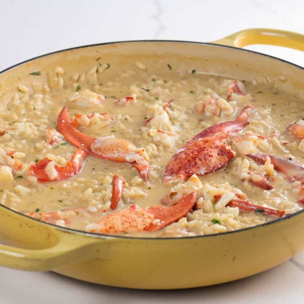 lobster risotto in an enameled cast iron braiser