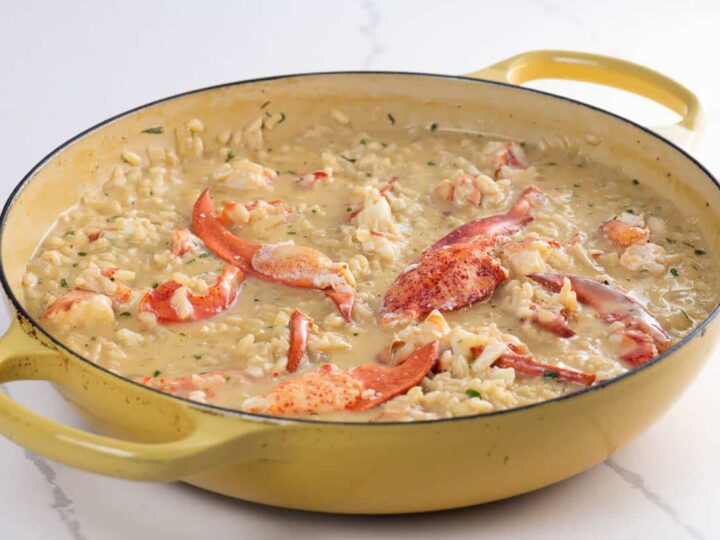 lobster risotto in an enameled cast iron braiser