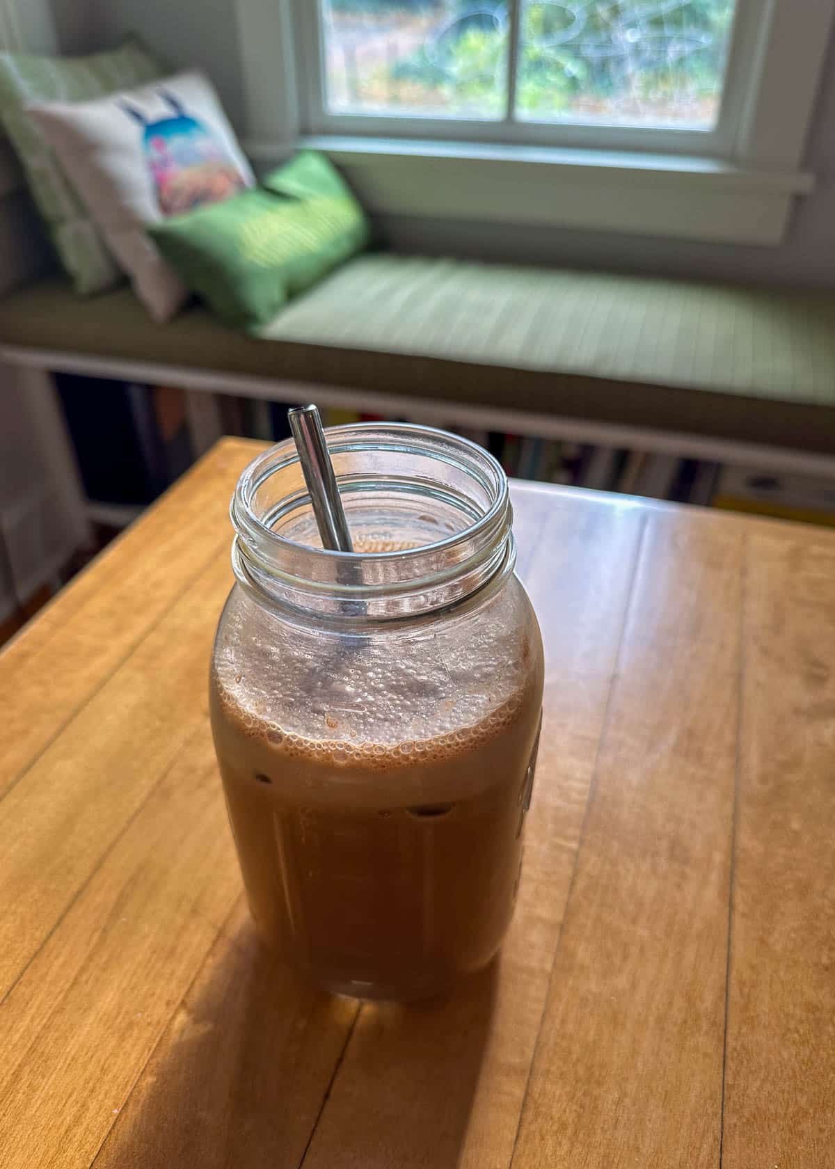 protein coffee in a mason jar on a table