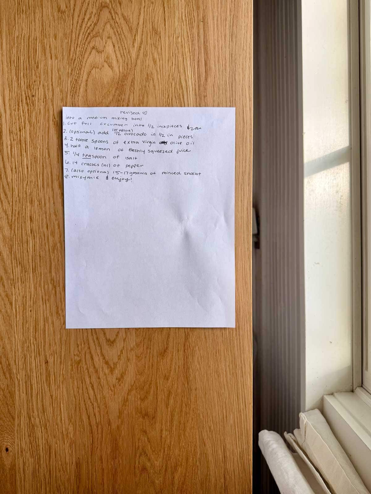 handwritten cucumber salad recipe by Celia Quinn Cope