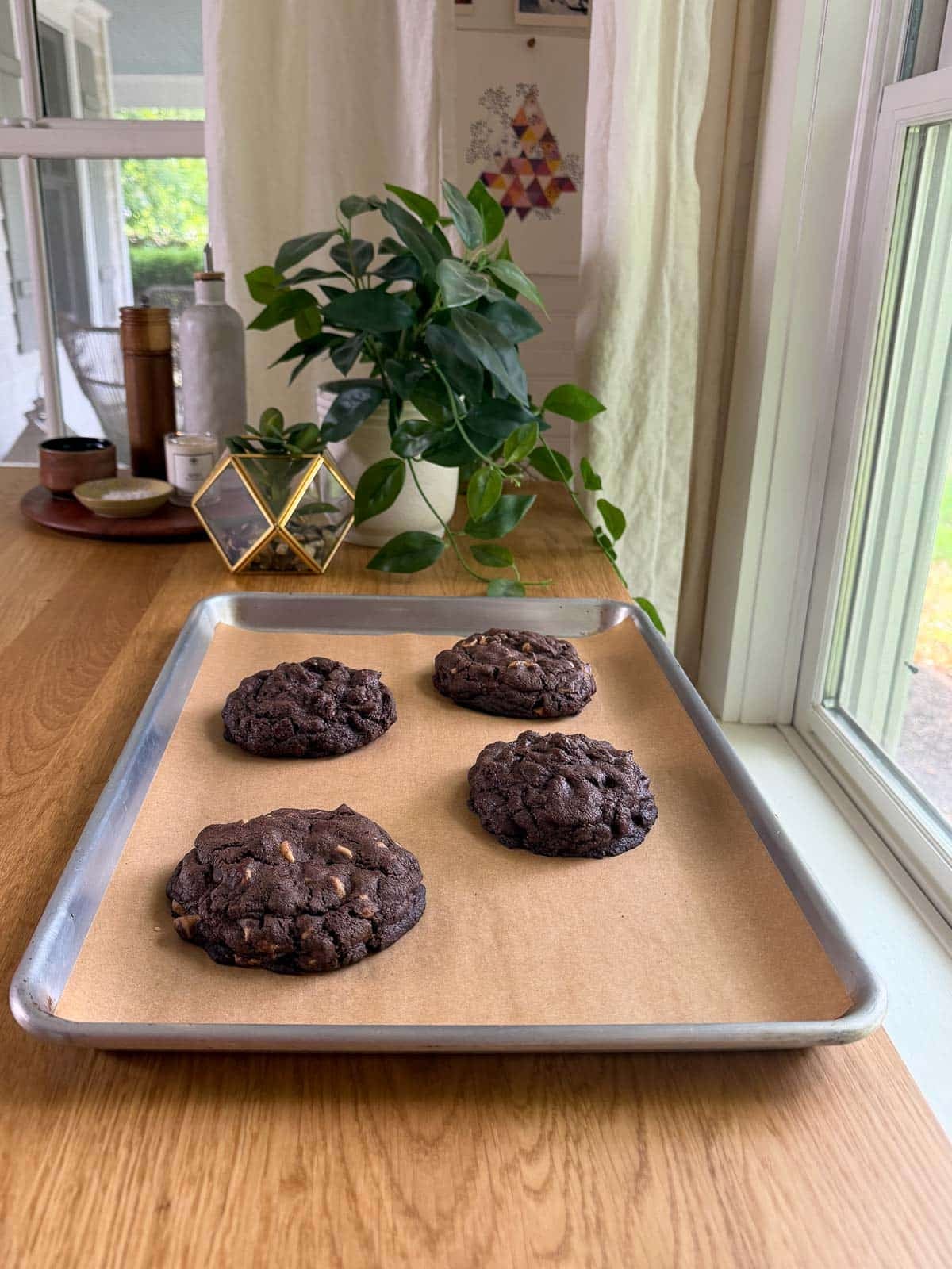 levain bakery dark chocolate cookies on a sheet pan