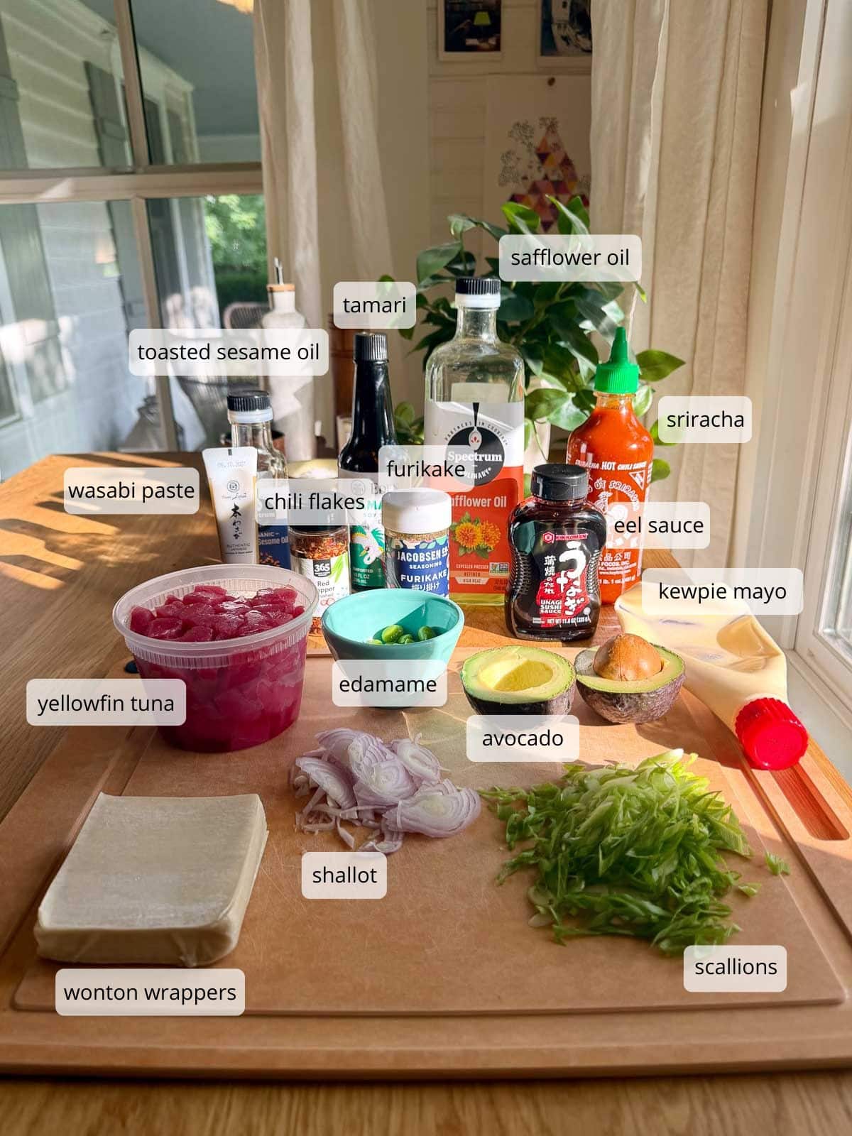 ingredients for tuna nachos on a countertop